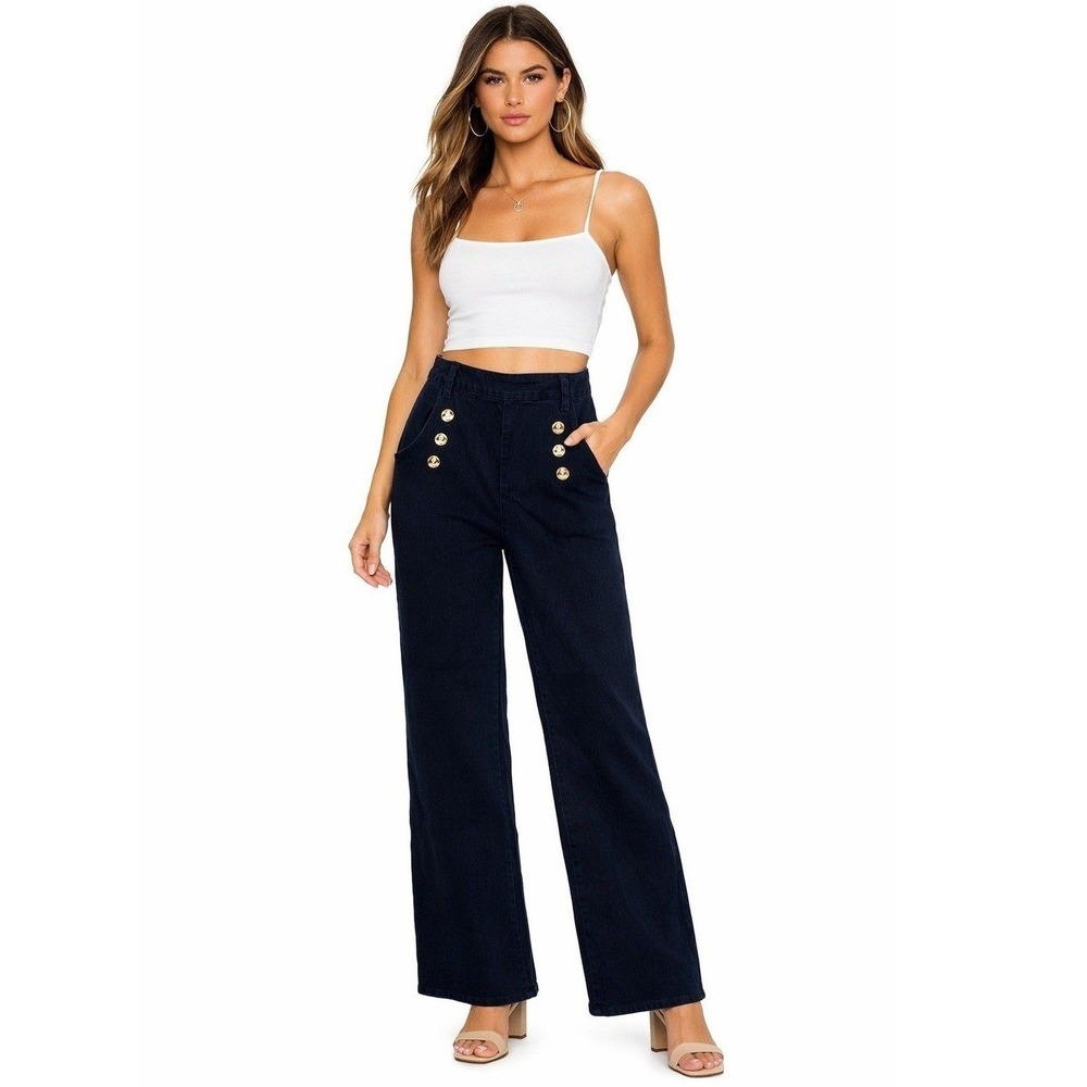 Collectif London Sailor Jeans Dark Wash Wide Leg Anchor Button Blue US‎ 4 XS